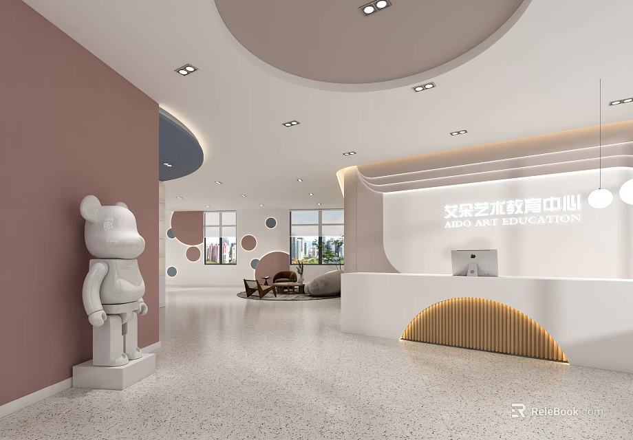 Modern Bright Art Education Center Interior With Pink Wall Curved Reception Desk And Decorative Sculpture 3d model 