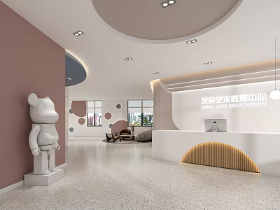 Modern Bright Art Education Center Interior With Pink Wall Curved Reception Desk And Decorative Sculpture 3d model