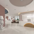 Modern Bright Art Education Center Interior With Pink Wall Curved Reception Desk And Decorative Sculpture