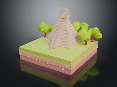 Cartoon Pyramid Scene Featuring Green Trees And Layered Platform Base 3d model