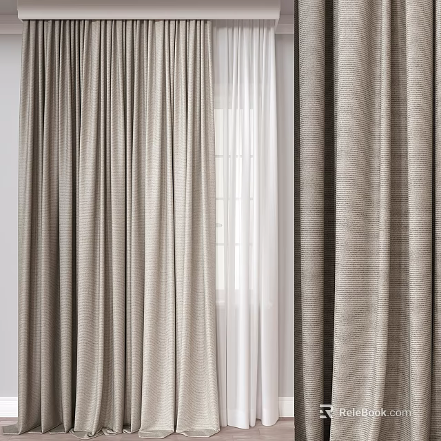 Neutral Toned Textured Curtains With Sheer Layer For Modern Window Treatment 3d model 