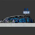 Cartoon Scene of Futuristic Blue Dome Building With Tall Tower Green Lawn Circular Pathway And Decorative Pillars