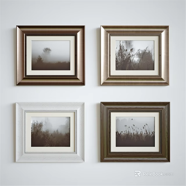 Four Photo Frames With Various Colors Hanging On Wall Displaying Nature Landscapes 3d model 