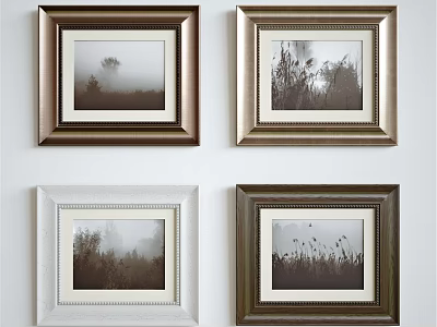 Four Photo Frames With Various Colors Hanging On Wall Displaying Nature Landscapes 3d model