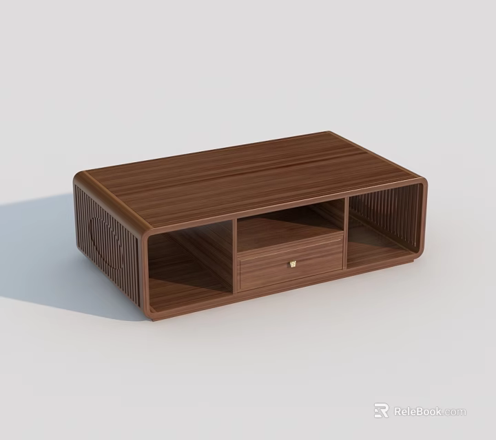 Walnut Brown Wooden Coffee Table with Drawer and Open Shelves Modern Minimalist Design 3d model 