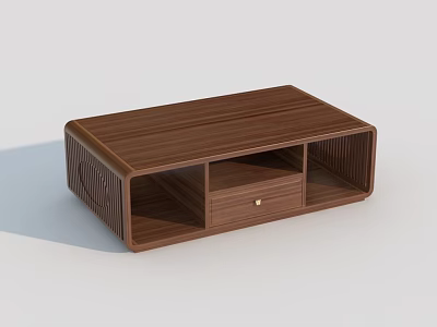 Walnut Brown Wooden Coffee Table with Drawer and Open Shelves Modern Minimalist Design 3d model