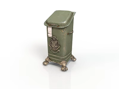 Green Metal Trash Can With Lid Decorative Emblem And Wheeled Base 3d model