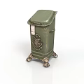 Green Metal Trash Can With Lid Decorative Emblem And Wheeled Base