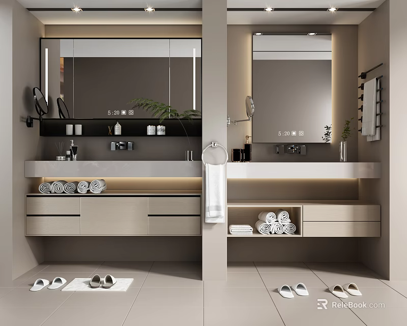 Modern Bathroom Interior With Cabinet Mirror Countertop Drawers Towel And Slippers 3d model 