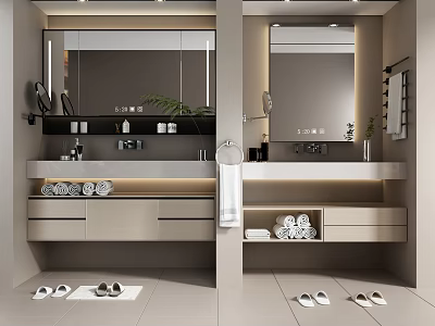 Modern Bathroom Interior With Cabinet Mirror Countertop Drawers Towel And Slippers 3d model