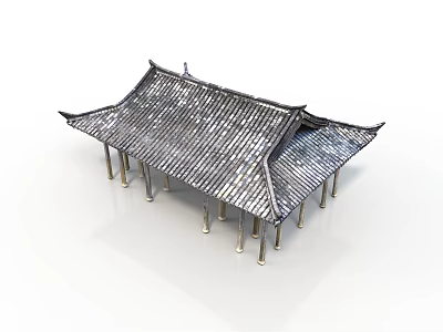 Traditional Chinese Architecture With Tiled Roof Overhanging Eaves And Wooden Columns 3d model