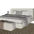 Modern Double Bed with Light Gray Headboard White Pillows Plaid Accents Nightstand and Striped Rug