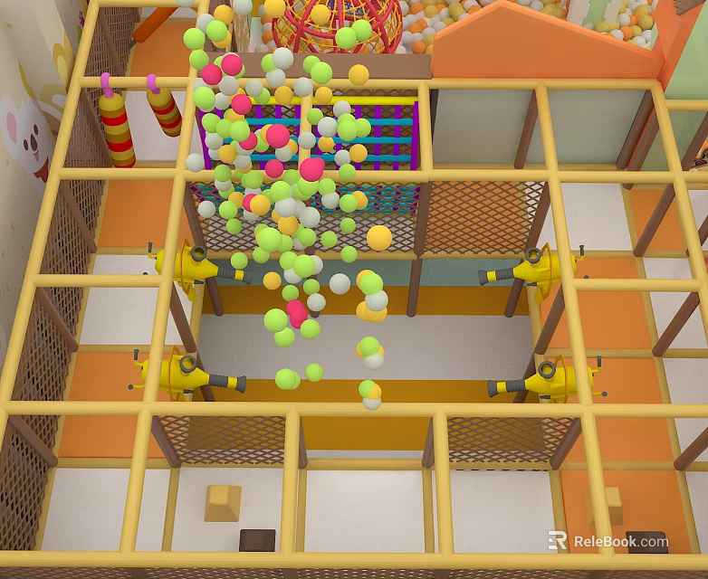 Indoor Playground Equipment With Colorful Balls Yellow Frames And Safety Nets 3d model 