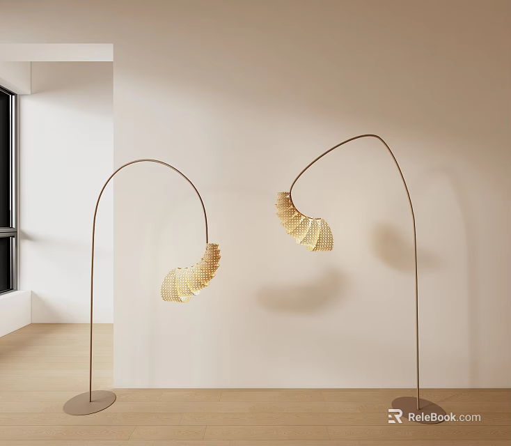 Arched Floor Lamps With Woven Golden Shades For Modern Minimalist Interior 3d model 