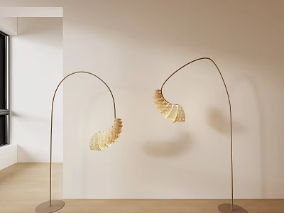Arched Floor Lamps With Woven Golden Shades For Modern Minimalist Interior 3d model