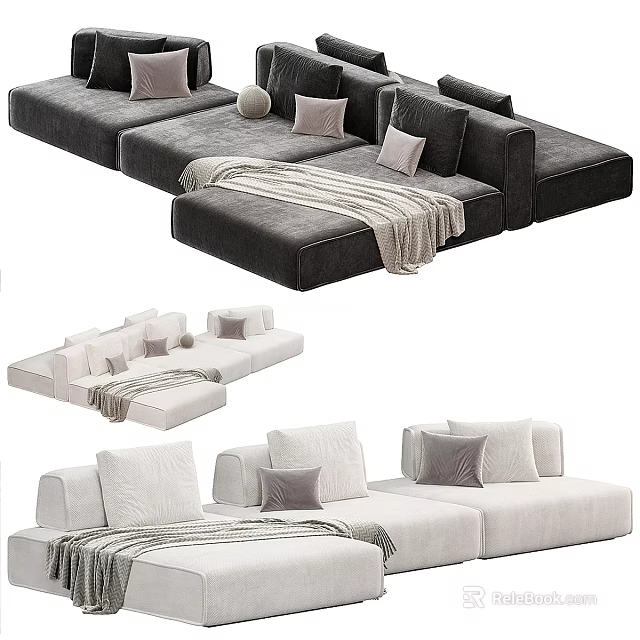 Modern Modular Sectional Sofa in Dark and Light Gray with Pillows and Throw Blankets 3d model 