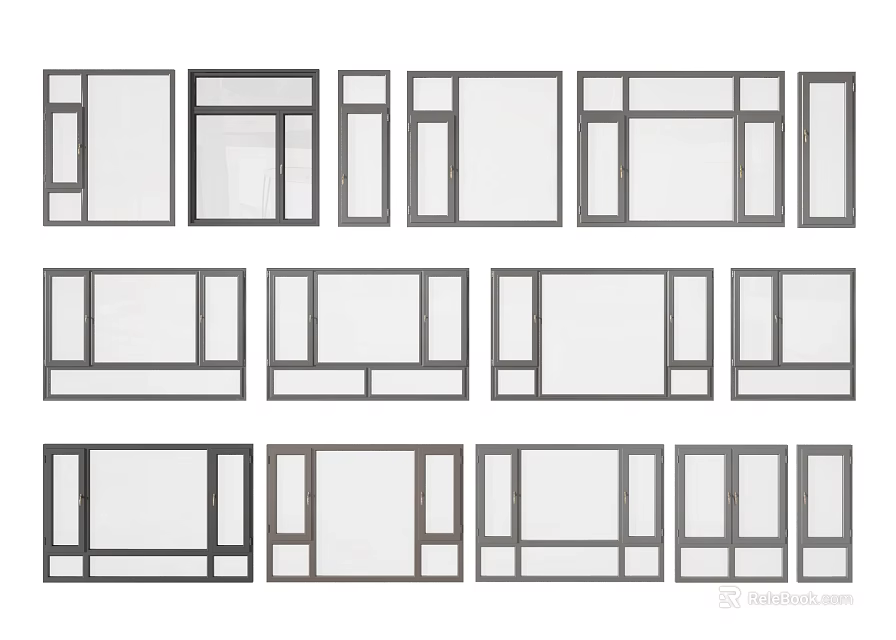 Various Window Frame Styles With Different Panel Designs And Configurations 3d model