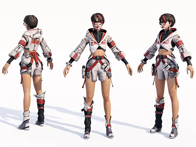 Game Character Combat Style Outfit With Red White Details Three Quarter Front Back Views 3d model
