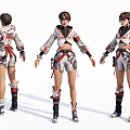 Game Character Combat Style Outfit With Red White Details Three Quarter Front Back Views