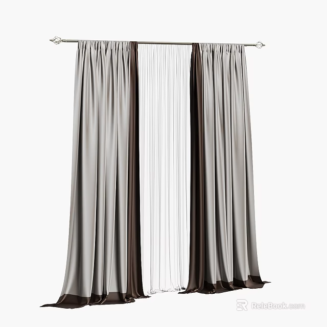 Gray Fabric Curtains with Sheer Layer Modern Design Light Filtering for Home Windows 3d model