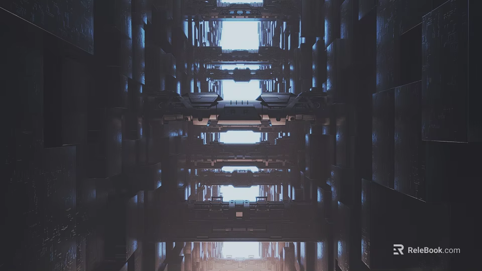 Futuristic Architectural Interior With Symmetrical Design Multiple Levels Light Beams And Dark Geometric Structures 3d model