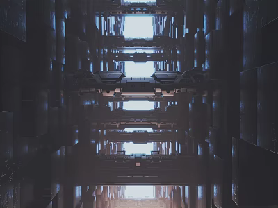 Futuristic Architectural Interior With Symmetrical Design Multiple Levels Light Beams And Dark Geometric Structures 3d model