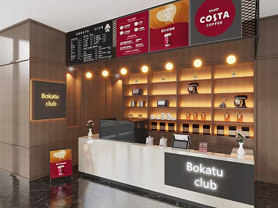 Cozy Costa Coffee Café Interior with Bokatu Club Menu Board Counter Shelves and Warm Lighting 3d model