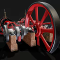 Red Steam Locomotive Model With Large Wheels And Mechanical Parts On Black Background