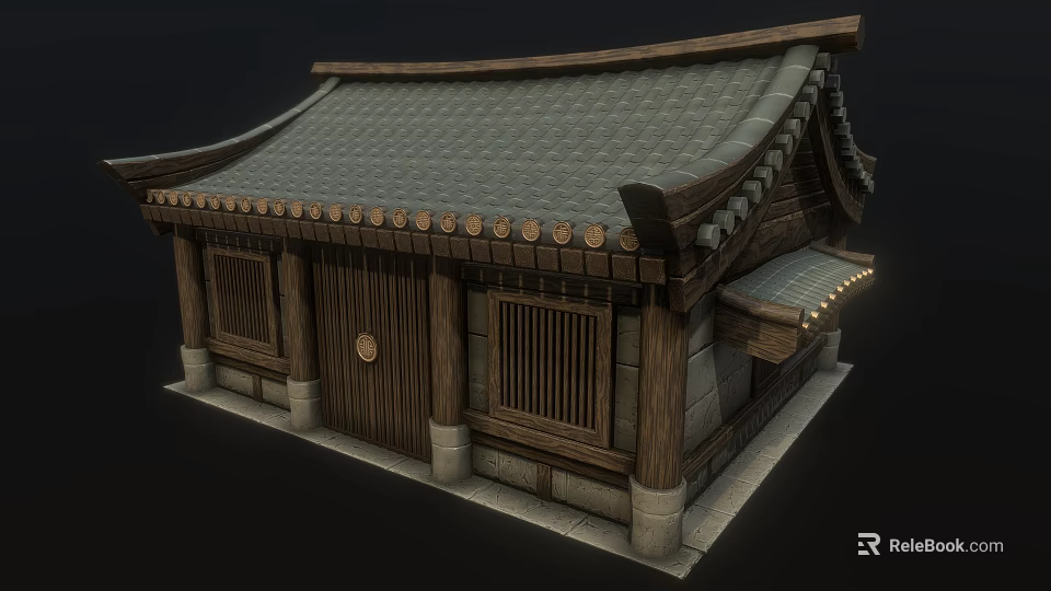 Traditional Asian Architecture With Gray Tile Roof Wooden Doors And Lattice Windows 3d model 