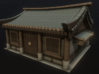 Traditional Asian Architecture With Gray Tile Roof Wooden Doors And Lattice Windows 3d model