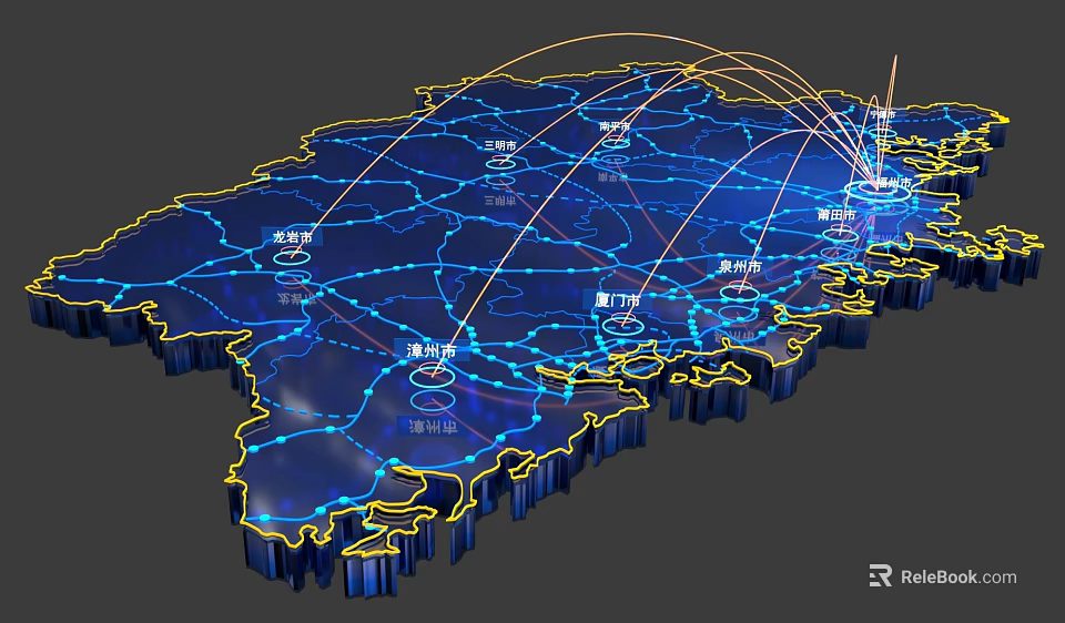 3D Map Shaped Wall Decor With Blue Yellow Lines And City Network Pattern 3d model 