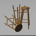 Natural Wooden Stools With Round Seats And Slender Legs In Standing And Fallen Positions