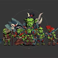 3D Rendered Green Goblin Orc Characters With Axes Swords And Colorful Hats Outfits