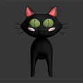 Cartoon Black Cat With Pink Ears Big Green Eyes Pink Cheeks Standing In