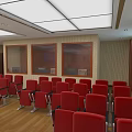 Courtroom Interior With Judge's Bench Jury Seats Wooden Furnishings And Ceiling Lights