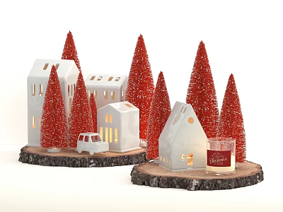 Decorative Ornament Set with Red Trees White Houses Mini Van and Candle on Wooden Base 3d model
