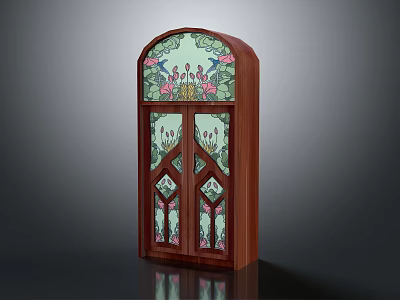 Artistic Wooden Door With Stained Glass Floral Patterns And Arched Top Design 3d model