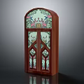 Artistic Wooden Door With Stained Glass Floral Patterns And Arched Top Design