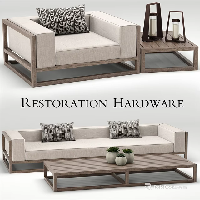 Restoration Hardware Two Seater Sofa With Light Fabric Wooden Frame And Decorative Pillows 3d model 