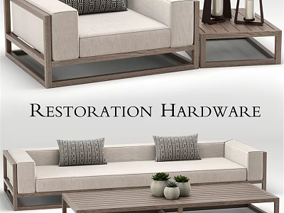 Restoration Hardware Two Seater Sofa With Light Fabric Wooden Frame And Decorative Pillows 3d model