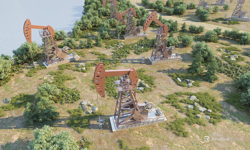 Industrial Oil Pump Jacks in Rural Oil Field Landscape with Trees and Grass 3d model 