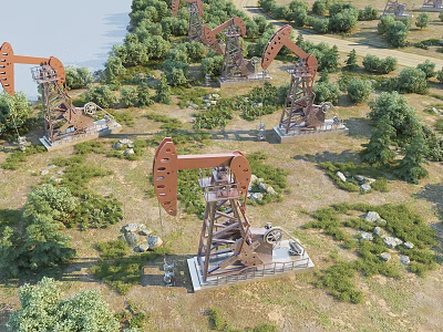 Industrial Oil Pump Jacks in Rural Oil Field Landscape with Trees and Grass 3d model