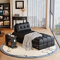 Black Leather Sofa Bed With Tufted Backrest Gray Blanket And Side Table