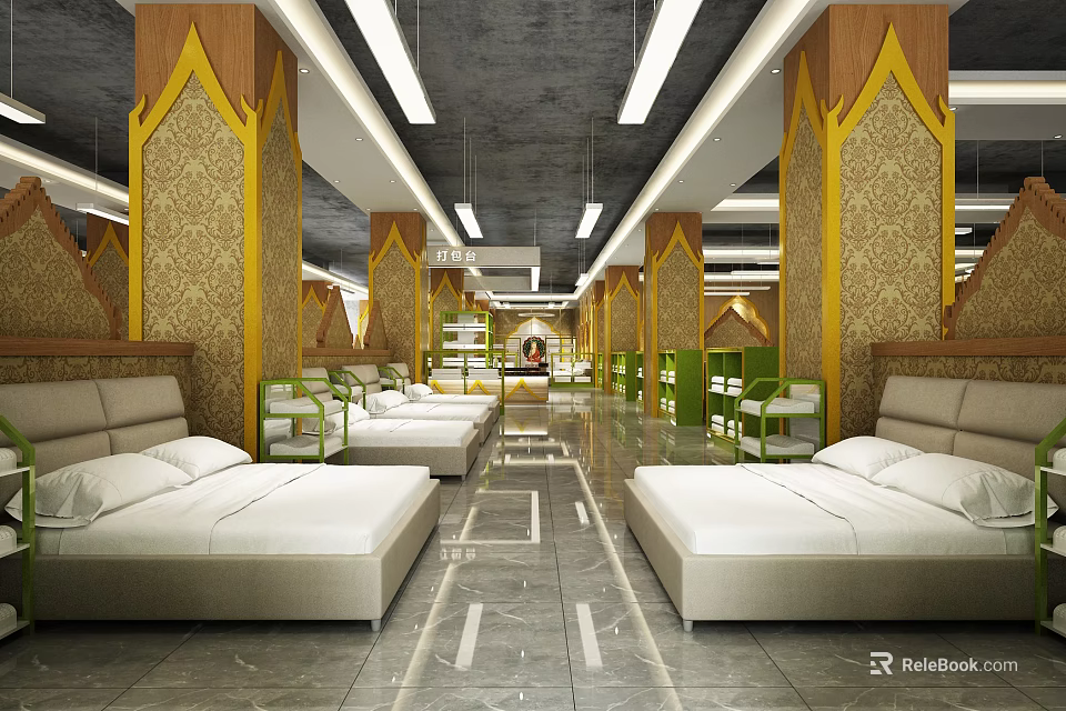 Luxurious Shopping Mall Hall Interior With Golden Decorative Pillars And White Comfortable Seats 3d model 