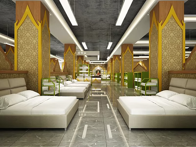 Luxurious Shopping Mall Hall Interior With Golden Decorative Pillars And White Comfortable Seats 3d model