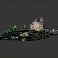 Detailed Ancient Castle Model Showcase With Green Lawns Trees And Courtyard Gardens