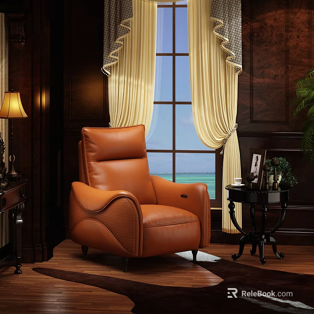Comfortable Single Seater Leather Sofa in Dark Wooden Room with Cream Curtains and Sea View 3d model 