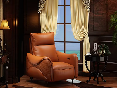 Comfortable Single Seater Leather Sofa in Dark Wooden Room with Cream Curtains and Sea View 3d model