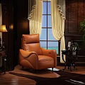 Comfortable Single Seater Leather Sofa in Dark Wooden Room with Cream Curtains and Sea View