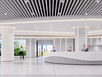 Modern Reception Area With White Counter Staff And Spacious Lobby Lighting Design 3d model